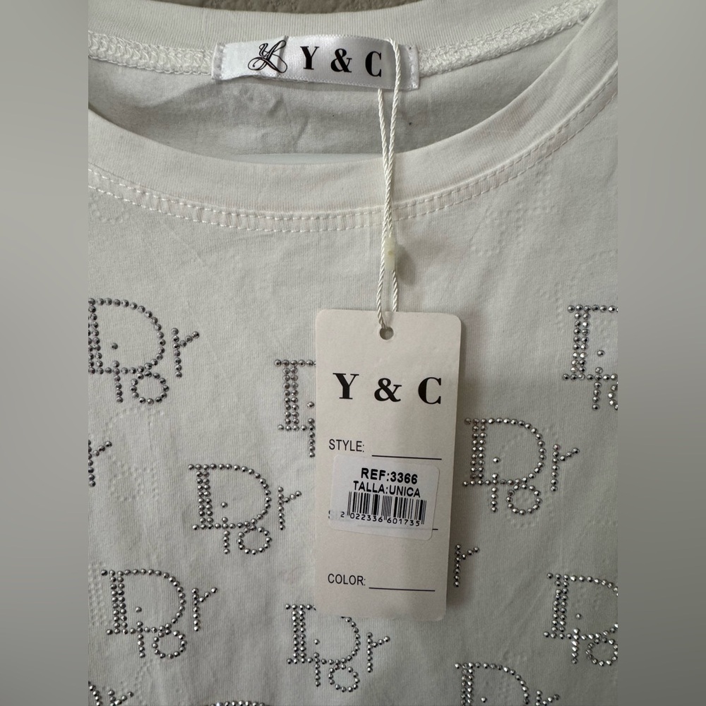 Y & C Dior White Short Sleeve Logo Tee with Rhinestone Accents - Picture 3 of 4